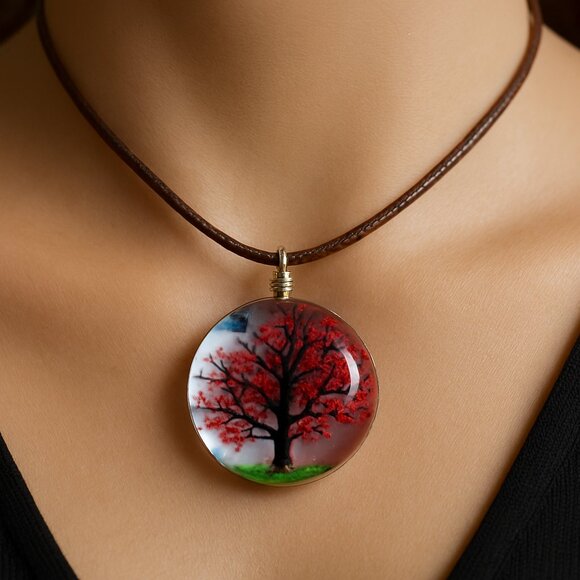 Tree of Life Round Resin Pendant Necklace Red Blossom Fashion Jewelry Brown Cord - Picture 1 of 7